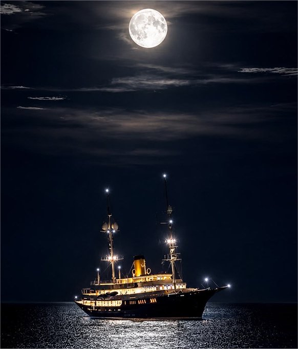 A large illuminated cruise ship sails across dark waters at night beneath a bright full moon, with lights reflecting off the calm sea surface.