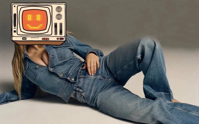A model lounges on the floor in a denim jumpsuit with her head replaced by a retro TV displaying a glowing pixelated smiley face, visually playing on the post's mocking jab at followers who chase get-rich-quick schemes—implying they'd rather "watch TV" or space out than research a real ticker like $BNKR.