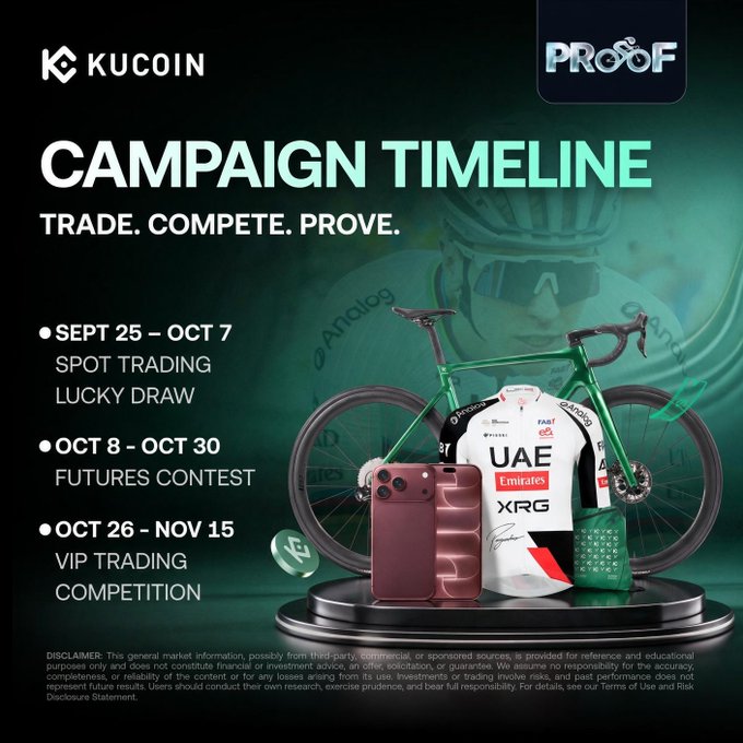 The image is a promotional graphic for the "KuCoin PROOF" campaign timeline, detailing three trading stages: a Spot Trading Lucky Draw (Sept 25–Oct 7), a Futures Contest (Oct 8–Oct 30), and a VIP Trading Competition (Oct 26–Nov 15). It features images of the prizes, including a Colnago bike and UAE Team Emirates–XRG jersey, tied to the 560,000 USDT prize pool mentioned in the post.