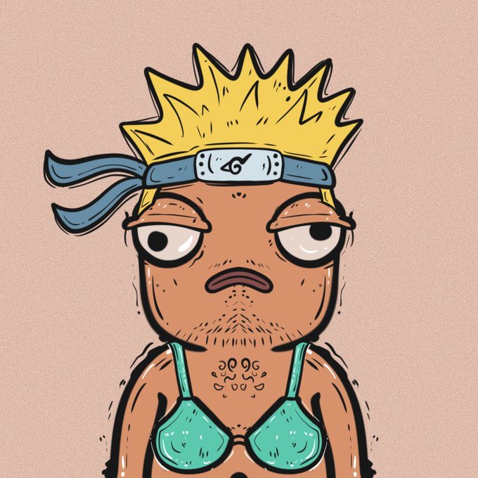 A cartoon illustration features a tired-looking, spiky-haired character wearing a Hidden Leaf Village ninja headband and a teal bikini top, seemingly styled as a parody or NFT giveaway graphic for @Zghire_. The image appears unrelated to the actual giveaway text, serving instead as playful promotional artwork accompanying the free mint contest on Solana.