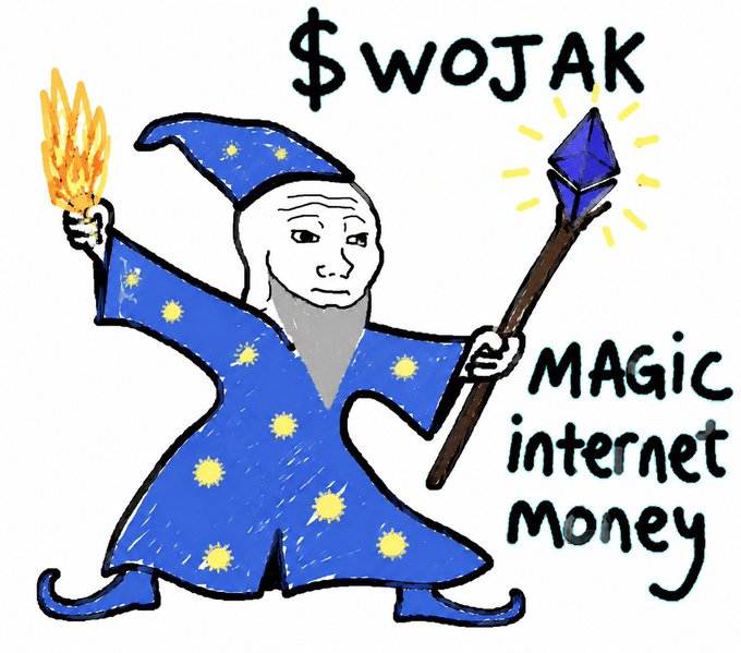 The image features a cartoon character dressed as a wizard, holding a wand with a flame at its end. The character appears to be wearing a blue robe adorned with yellow stars. The background of the image is white, which contrasts with the vibrant colors of the character's outfit and the flame on the wand. In the bottom right corner of the image, there is text that reads "Focus on what is in the image and how it relates to $WOJAK".