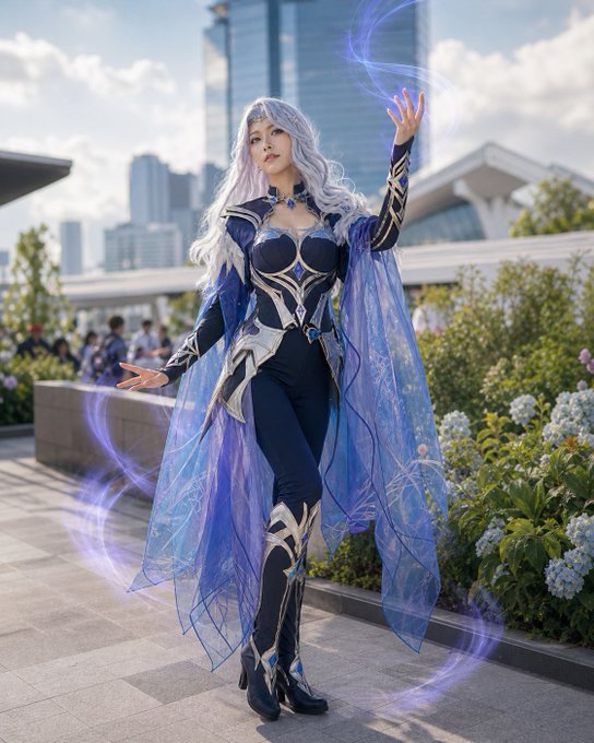 A woman in an elaborate blue and silver fantasy costume with flowing white hair, posing outdoors with purple magical effects swirling around her hands.