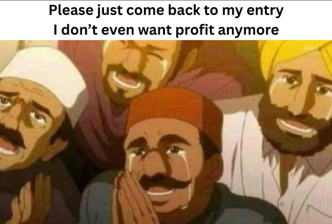 The image features a viral crying/pleading meme of animated Muslim men with tearful expressions and clasped hands, accompanied by the text "Please just come back to my entry / I don't even want profit anymore." It humorously captures the desperate tone of the post, where the investor who put $500k into MegaETH is begging for the token to simply return to their entry price rather than seeking profit, while holding 90%+ of their losing position.