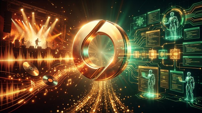 A vibrant digital illustration combining musical elements like a DJ, disco ball, and records on the left with glowing green humanoid figures, circuit boards, and data panels on the right, centered around a large golden futuristic emblem.