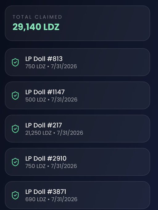 The image shows a Lunarverse (LDZ) airdrop claim interface displaying a total claimed balance of 29,140 LDZ, broken down across five LP Doll rewards (#813, #1147, #217, #2910, #3871) ranging from 500 to 21,250 LDZ, all with a 7/31/2026 expiration date. This directly relates to the post about monthly airdrop claims, illustrating the LDZ tokens users can collect from their LP Doll airdrop traits.