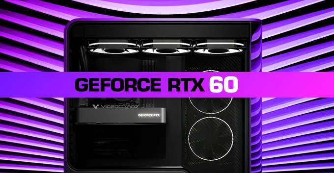 A promotional image for GeForce RTX 60 series graphics cards, showing the interior of a PC case with three illuminated fans and a visible 'GEFORCE RTX' branded component, set against a purple wavy background.