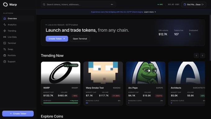 Screenshot of the Warp platform interface showing trending tokens on the Arc Network, including $WARP, Warp Smoke Test ($SMOKE), Arc Pepe ($ARCPE), and Architects ($ARCHITECTS), with stats like market cap and volume.