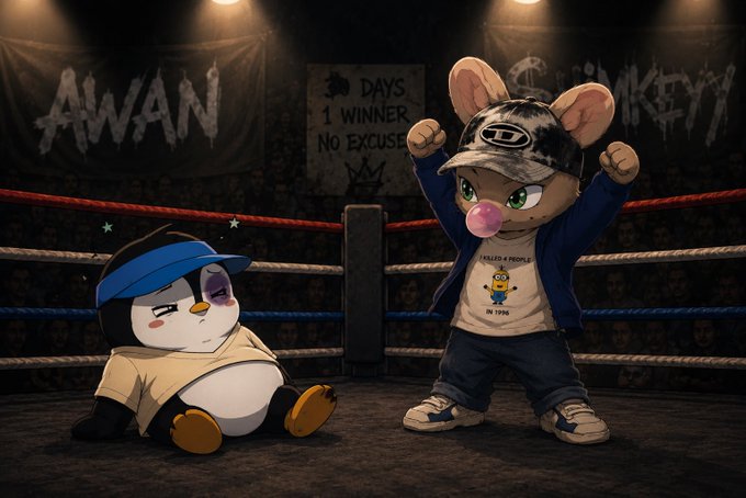 Digital artwork depicting a cartoon mouse wearing a 'Suk' cap standing triumphantly over a defeated penguin in a wrestling ring, with banners reading 'AWAN' and 'SUKIFY' in the background.