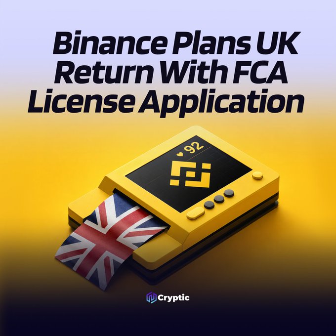 A yellow handheld gaming device featuring the Binance logo dispenses a Union Jack flag against a gradient background, headlined "Binance Plans UK Return With FCA License Application." The image visually represents Binance's announced plan to apply for an FCA crypto license in the UK, with services potentially resuming in 2027 under the new regulatory regime.