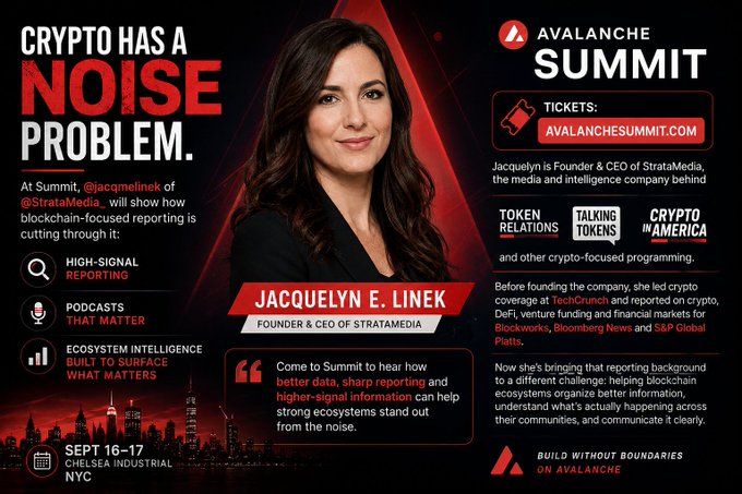 A promotional graphic for the Avalanche Summit featuring Jacquelyn E. Linek (Founder & CEO of StrataMedia), with text 'CRYPTO HAS A NOISE PROBLEM,' date 'SEPT 16-17, CHELSEA INDUSTRIAL NYC,' and ticket info at AVALANCHESUMMIT.COM.