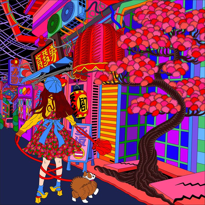 A vibrant, psychedelic digital illustration of a Japanese street scene featuring a girl in a blue hat and floral dress walking a fluffy dog on a leash, with a large red lantern and cherry blossom tree in the foreground.