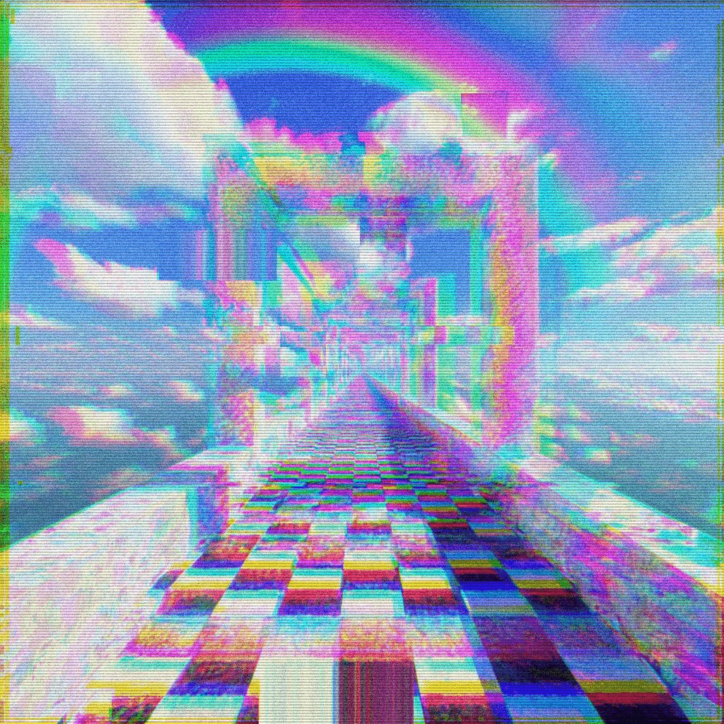 The image features a colorful, distorted view of an outdoor scene with a checkered floor that appears to be made up of small squares or rectangles. The background consists of a sky filled with clouds and rainbows, creating a vibrant and surreal atmosphere. In the bottom right corner of the image, there is a post that reads "¸,ø¤º°`°º¤ø,¸ >> GATES_XCI << xtz - [1]/1". This text seems to be related to the image or possibly part of an art project.