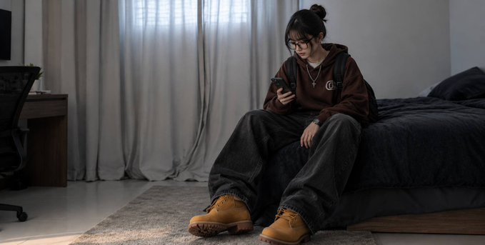 A young woman wearing glasses, a maroon hoodie, and Timberland boots sits on the edge of a bed in a dimly lit room, focused on her smartphone.