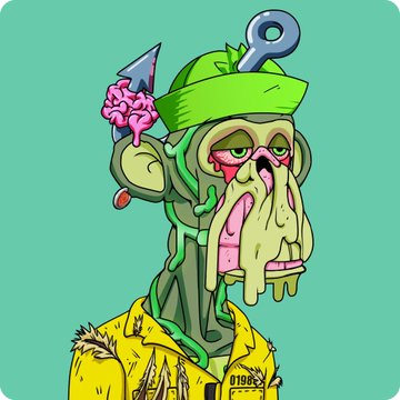A cartoon illustration of a grotesque zombie-like character wearing a green hat and yellow jacket, with an exposed brain and bone protruding from its head.