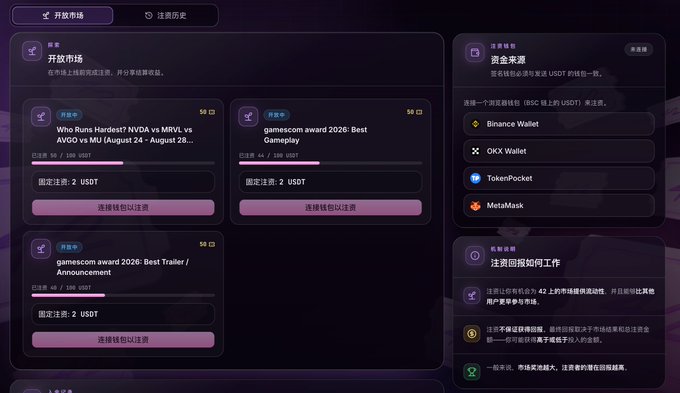A Chinese-language website interface displays open markets and registration options, showing campaigns like "Who Runs Hardest? NVDA vs MRV" and "gamescom award 2026: Best Gameplay" with funding options including Binance Wallet, OKX Wallet, TokenPocket, and MetaMask.