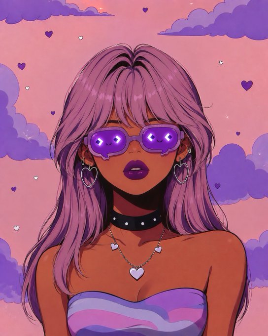 An anime-style illustration of a woman with purple hair, purple sunglasses with face icons, heart-shaped earrings, and a heart necklace against a pink sky with purple clouds and floating hearts.