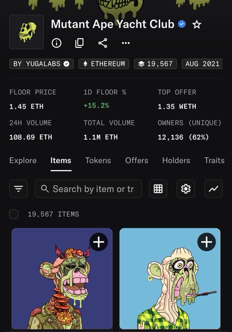 A cellphone screen displays an Instagram feed, featuring a page that shows two cartoon characters dressed as humans with strange features like large heads or faces, one wearing a tie, and both having long hair styled in a scrunched-up fashion which indicates they are unhappy. The caption below reads "Happy Mutant Monday!! Floor up 15%". This may suggest the post is related to the Mutant Yacht Club website where the characters appear as sponsored content or advertisements.