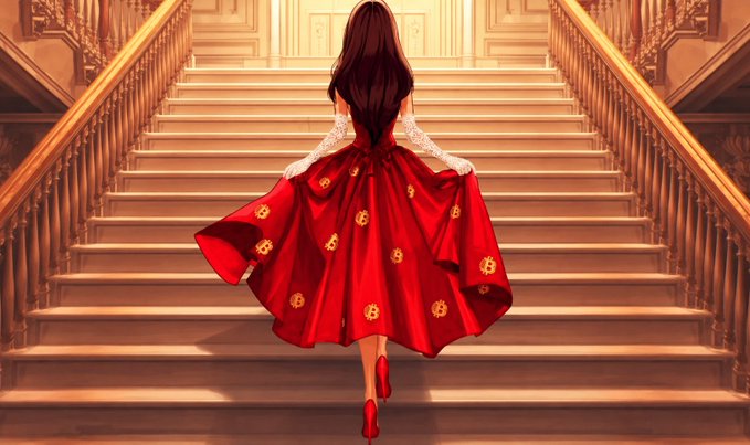 An illustration shows a woman with long dark hair ascending a grand marble staircase, wearing a red dress decorated with gold coin patterns and white lace gloves.