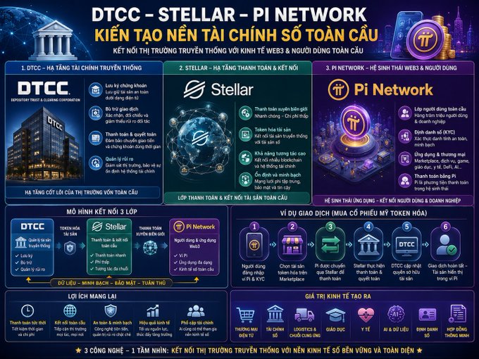 An infographic in Vietnamese titled 'DTCC - STELLAR - PI NETWORK' detailing a global financial ecosystem connecting traditional markets with Web3 economy and global users.