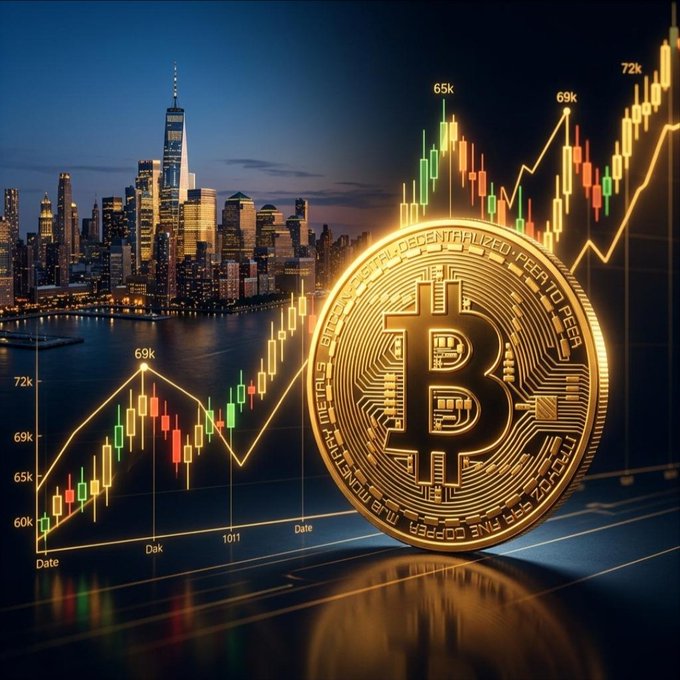 The image depicts a gleaming gold Bitcoin coin prominently displayed in the foreground against the backdrop of the New York City skyline at dusk, with candlestick price charts showing Bitcoin's climb from around $60k to $72k. The post's message about Bitcoin evolving into a strategic global asset aligns visually with the imagery—the iconic "B" symbol paired with Wall Street's skyline symbolizes Bitcoin's rising legitimacy and integration into mainstream finance.