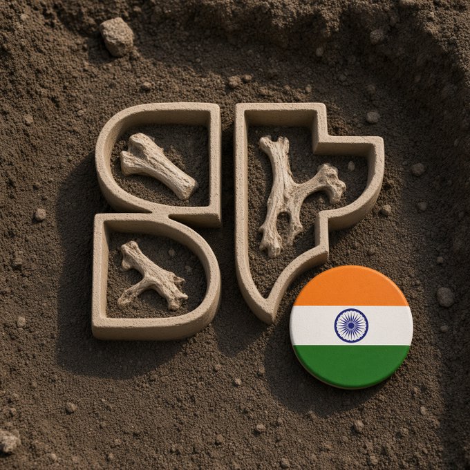 An artistic image featuring the letters 'SF' carved into sand/dirt, decorated with bone fragments resembling antlers, accompanied by a circular Indian flag (orange, white, and green stripes with Ashoka Chakra).