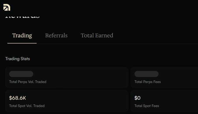 A dark-themed trading dashboard interface showing tabs for 'Trading', 'Referrals', and 'Total Earned', with Trading Stats displaying $68.6K Total Spot Vol. Traded, $0 Total Spot Fees, and redacted values for Total Perps Vol. Traded and Total Perps Fees.