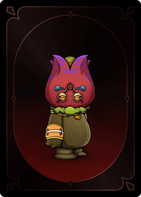 A stylized digital illustration of a small, red-skinned creature with pointed ears and green fungal-like growth on its head, wearing a brown outfit, set against a dark red decorative background.