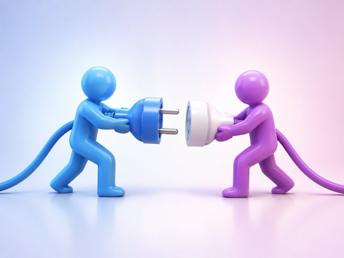 Two 3D-rendered humanoid figures, one blue and one purple, strain as they push together a large electrical plug and socket to connect them.