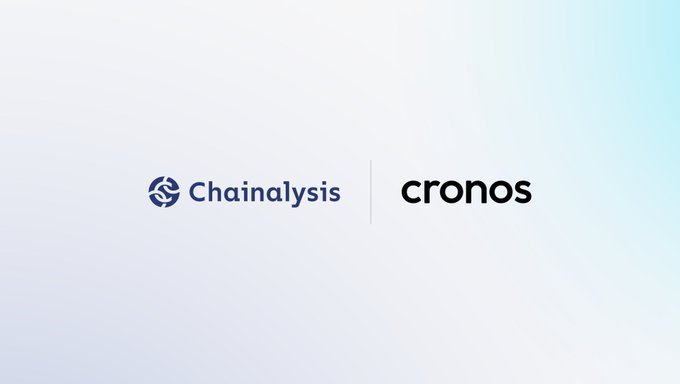 A corporate partnership banner on a soft gradient background displaying the logos 'Chainalysis' and 'cronos' separated by a vertical line.