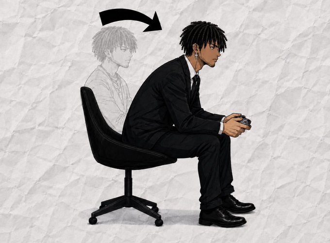An illustration showing a person with dreadlocks in a black suit sitting on an office chair with a faded ghost-like figure behind them and an arrow indicating movement.