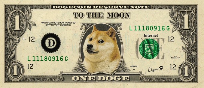 A Dogecoin-themed dollar bill design featuring a Shiba Inu dog, labeled 'DOGECOIN RESERVE NOTE' and 'TO THE MOON' with 'ONE DOGE' denomination.