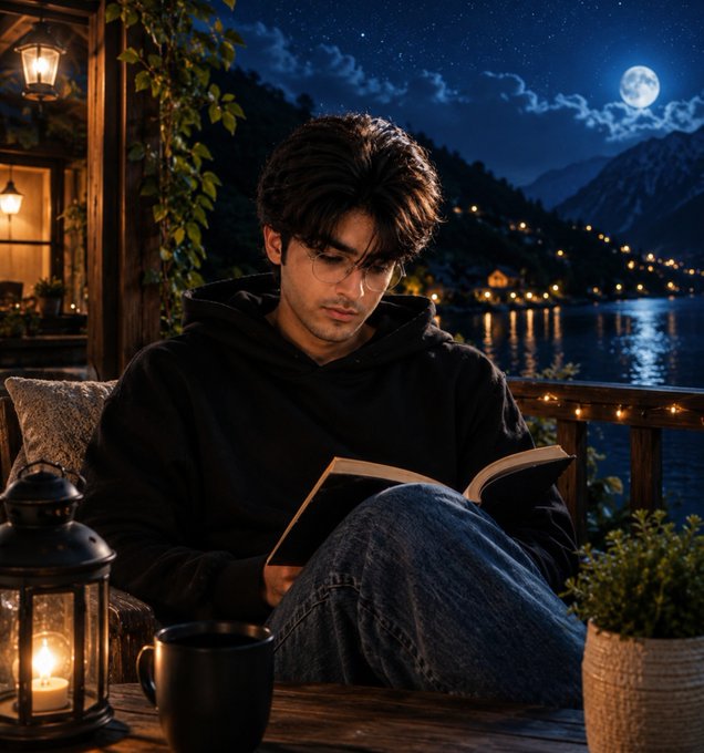 A young man wearing glasses and a black hoodie reads a book while sitting on a wooden balcony at night, with a lake, mountains, full moon, and a lit lantern in the foreground.