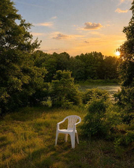A scenic landscape photograph of a white plastic chair sitting in tall grass overlooking a river or lake at sunset, surrounded by lush green trees under an orange and blue sky.