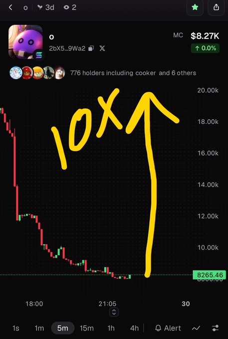 A meme coin chart showing a token dropping sharply from 20k to 8265.46, with yellow handwritten text '10X' and an upward arrow drawn on it; market cap shows $8.27K with 776 holders.