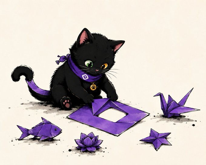 An illustration of a cute black kitten with heterochromia wearing a purple scarf and a yellow bell, playing with purple origami shapes including a fish and a crane.