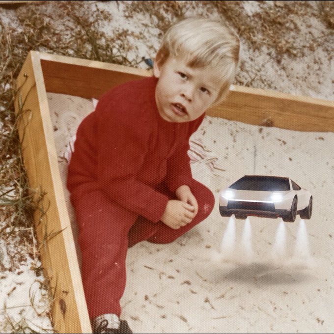 A young blonde child in a red outfit sits inside a wooden sandbox, looking slightly upset, while a digitally added image of a Tesla Cybertruck appears to hover beside them with thrusters of dust shooting downward.
