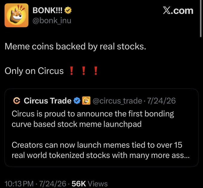 An X.com post from BONK!!! (@bonk_inu) reading 'Meme coins backed by real stocks. Only on Circus,' quoting a Circus Trade announcement about launching the first bonding curve based stock meme launchpad for memes tied to over 15 real world tokenized stocks.