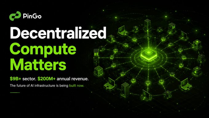 A PinGo promotional banner reading 'Decentralized Compute Matters' with statistics about a $9B+ sector and $200M+ annual revenue.