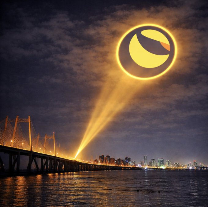 A night waterfront scene shows a brightly lit circular projection in the clouds above a bridge and city skyline.