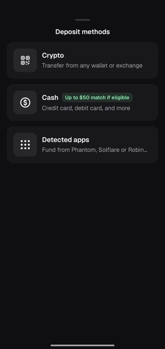 A dark-themed mobile app interface displaying 'Deposit methods' with options for Crypto, Cash (up to $50 match), and Detected apps including Phantom, Solflare or Robin.