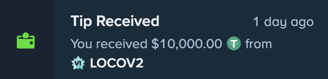 A notification showing "Tip Received: You received $10,000.00 from LOCOV2" 1 day ago on Stake, corroborating the post's claim of a $10,000 tip giveaway under the affiliate code LOCOV2.