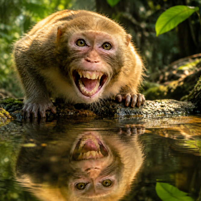 A wide-eyed macaque bares its teeth in an exaggerated, almost manic grin at the edge of a jungle pond, its reflection mirroring the chaos below. The image pairs perfectly with the post's joke about laughing loudly to disguise a failed plan, capturing that "if I can't control it, I'll own it" energy behind the $HAHA token hype.