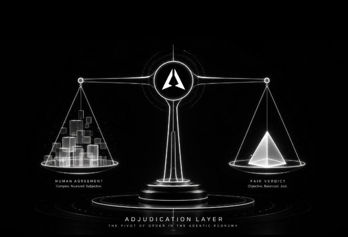 A glowing balance scale labeled "ADJUDICATION LAYER" weighs "HUMAN AGREEMENT" (described as complex, nuanced, subjective) against "FAIR VERDICTS" (objective, balanced, just), with the GenLayer logo at its center and the tagline "THE PIVOT OF ORDER IN THE AGENTIC ECONOMY" below. The image visually reinforces the post's argument that determining "fair" requires human judgment rather than pure code, illustrating GenLayer's Community path as the mediating layer that bridges subjective human agreement with objective verdicts.