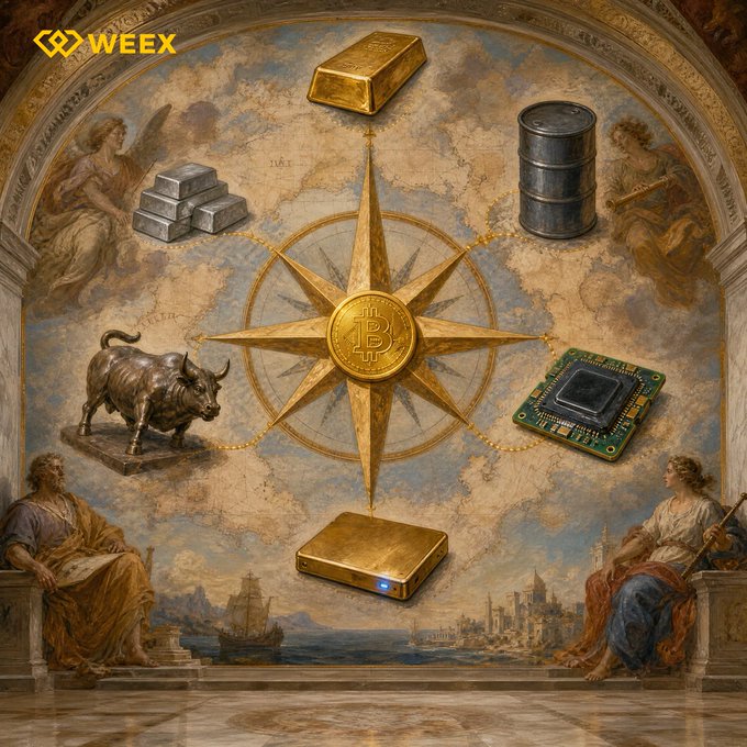 A baroque-style mural features a golden compass star with a Bitcoin symbol at its center, surrounded by images of traditional assets (gold bars, silver bars, oil barrel, bull statue) and modern items (circuit board, hardware wallet), with a "WEEX" logo in the top corner. The composition visually reinforces the post's message by juxtaposing classical wealth symbols with digital/crypto assets within a unified navigational emblem, symbolizing converged access to diverse markets.