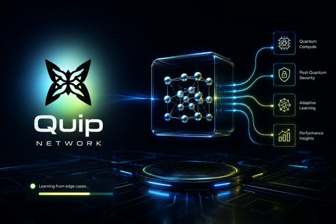 A promotional graphic for 'Quip NETWORK' featuring a glowing butterfly logo alongside a 3D cube containing a molecular structure, with labels for 'Quantum Compute,' 'Post Quantum Security,' 'Adaptive Learning,' and 'Performance Insights.'