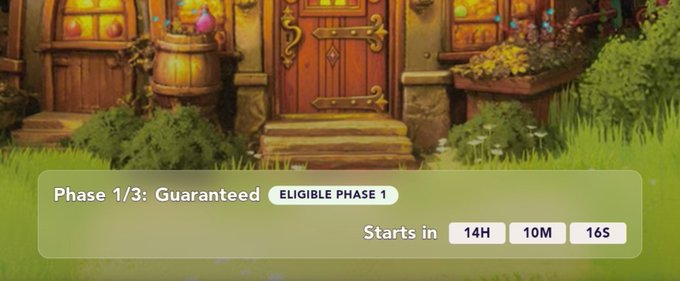 A colorful game interface screen showing a whimsical house with barrels, displaying a banner that reads 'Phase 1/3: Guaranteed ELIGIBLE PHASE 1' and a countdown timer at '14H 10M 16S'.
