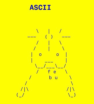 An ASCII art character on a yellow background that spells out 'febu' using keyboard characters to form a figure with a face and body.