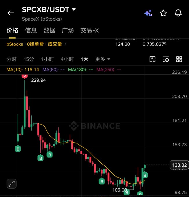 A Binance candlestick chart for SPCXB/USDT (SpaceX bStocks) shows a sharp decline from a peak of $229.94 down to around $105, with the 10-day moving average at $116.14, illustrating the steep loss the Musk superfan has endured on their SpaceX stock purchase.