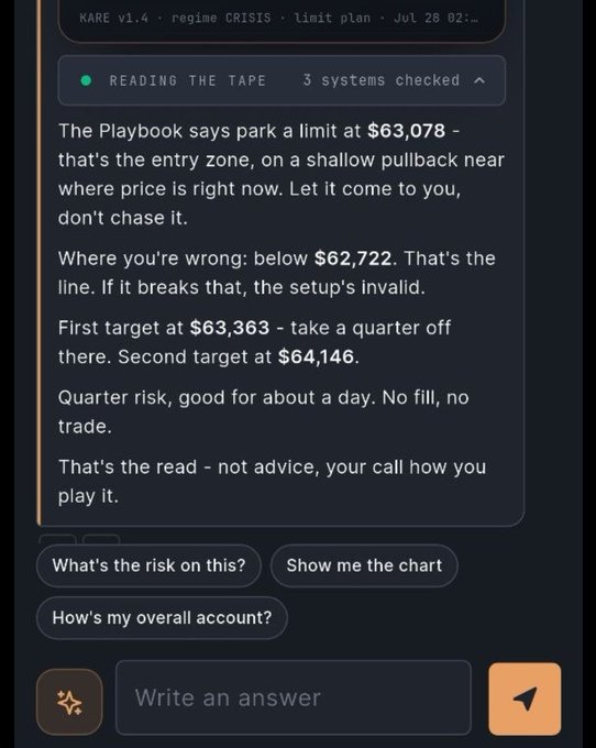 A screenshot of a dark-themed chat interface analyzing market data, discussing a "limit plan" with entry zone at $63,078, invalidation below $62,722, and targets at $63,363 and $64,146. Suggested replies include "What's the risk on this?" and "Show me the chart".
