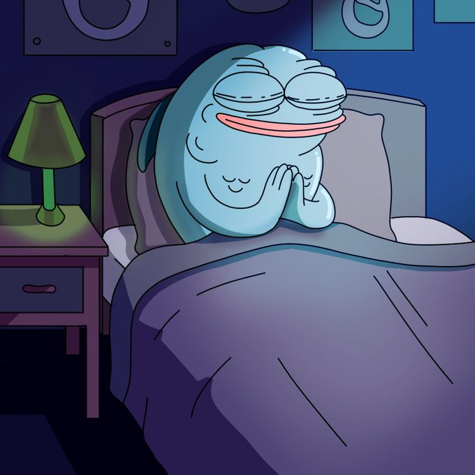 A cartoon illustration of a content, smiling blue frog-like creature sleeping in bed with its hands clasped.